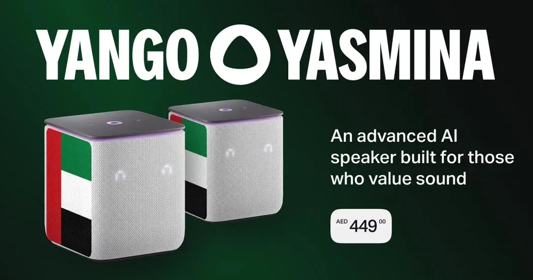 Yango Yasmina smart speaker product banner for UAE with two speaker models and AED 449 price