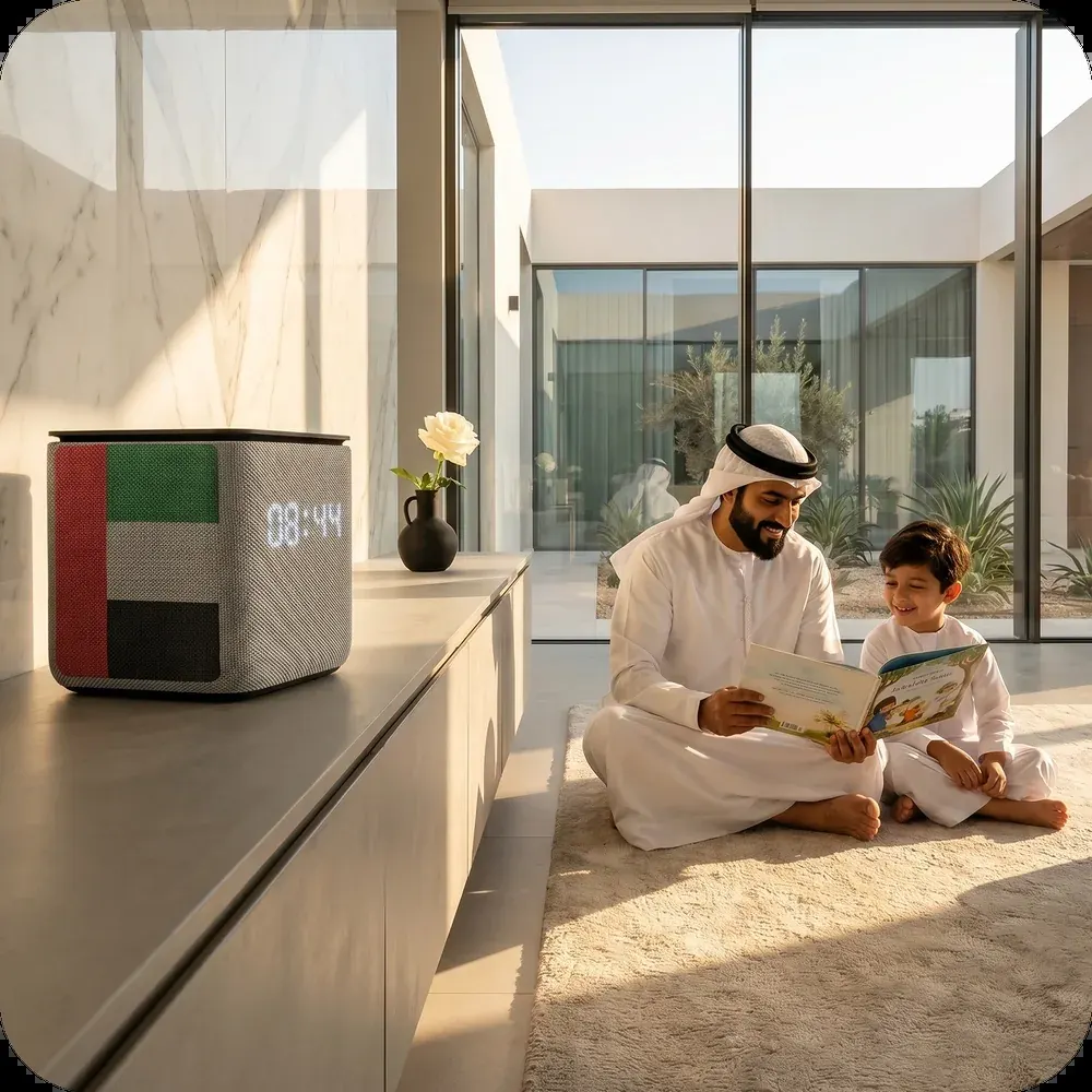 Man and child reading together beside a smart speaker in a UAE home