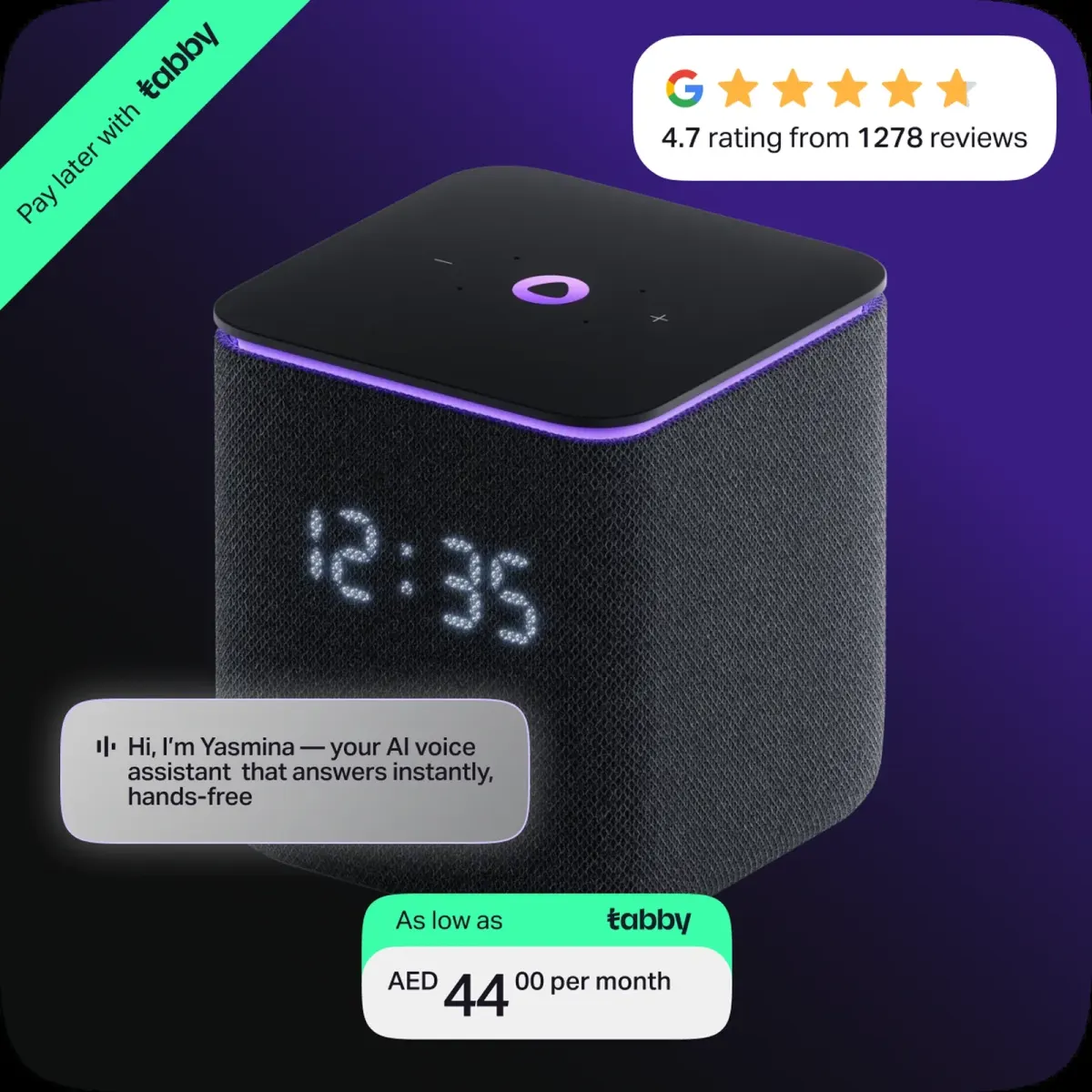 Yasmina smart speaker product image with English text about voice assistant features, reviews, and monthly price in AED